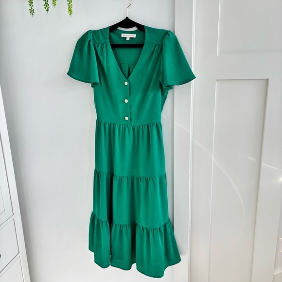 Monteau Los Angeles Kelly Green Cinched Waist Flutter Sleeve Womens Dress Small - Picture 2 of 11